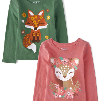 The Children's Place T-shirts à manches longues avec motifs pour bébé fille et enfant, motifs toutes les fêtes, multipacks, lot de 2 renards/chevreuils, 5T