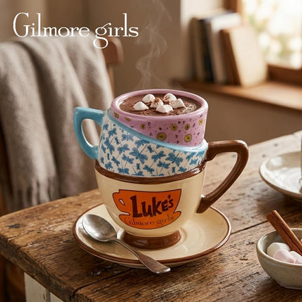 Silver Buffalo Gilmore Girls Stars Hollow Destination Locations: Luke’s Diner, Doose’s Market, and Dragonfly Inn Ceramic 3D Sculpted Stacked Teacup Mug, 20 Ounces