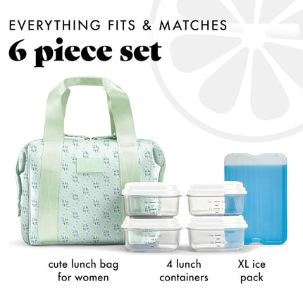 Fit & Fresh Neoprene Lunch Bag For Women, Insulated Womens Lunch Bag For Work, Tear & Stain Resistant Large Lunch Box For Women With Containers and Ice, Machine Washable Remi Bag, Sage Flower