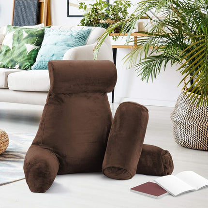 Clara Clark Reading, Bed Rest Arms for Kids Teens & Adults Premium Shredded Memory Foam TV Pillow, Large, Brown