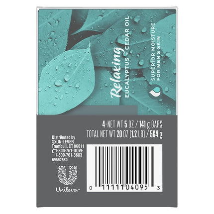 Dove Men + Care Natural Essential Oil Bar Soap to Clean and Hydrate Men's Skin Relaxing Eucalyptus + Cedar Oil 4-in-1 Bar Soap for Men's Body, Hair, Face and Shave 141 g 4 count