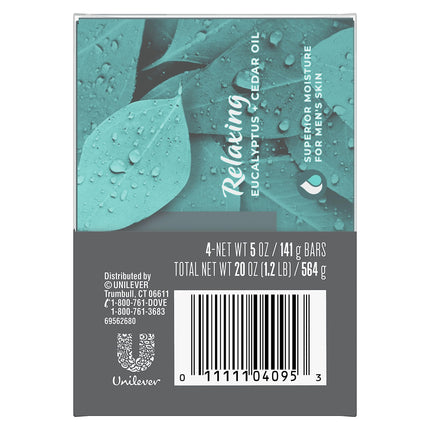 Dove Men + Care Jabón en barra de aceite esencial natural para limpiar e hidratar la piel del hombre, Eucalipto relajante + Aceite de cedro, Jabón en barra 4 en 1 para cuerpo, cabello, rostro y afeitado de hombre, 141 g, 4 unidades