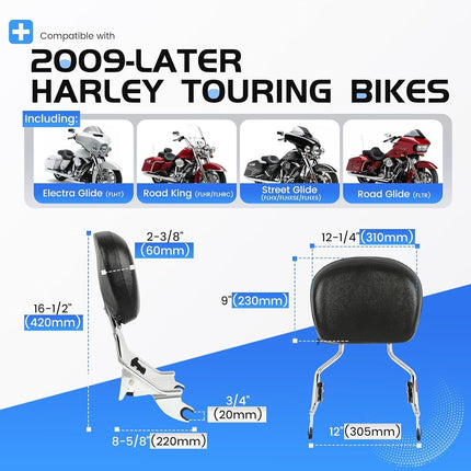 ECOTRIC Detachable Backrest Quick Release 2-up Compatible with 09-24 Harley