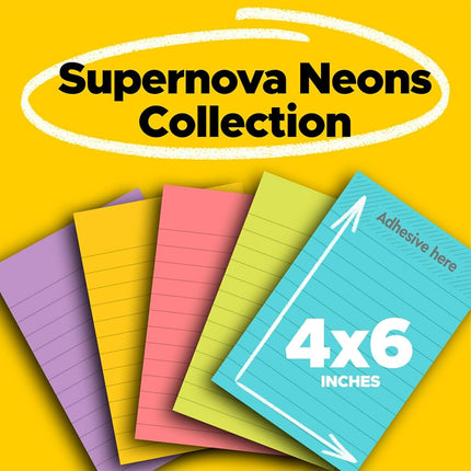 Post-it Super Sticky Notes, 4 in x 6 in, 5 Pads, 2X The Sticking Power, Miami Collection, Neon Colors (Orange, Pink, Blue, Green), Recyclable (660-5SSMIA)
