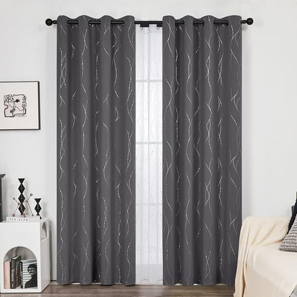 Deconovo Blackout Grommet Silver Pattern Printed Curtains, Dark Grey, 52W x 84L