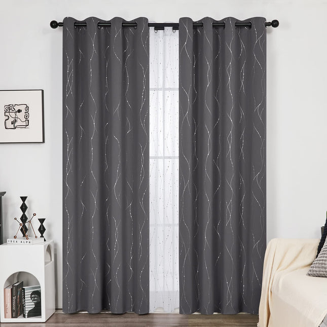 Deconovo Blackout con Ojales y Estampado Plateado, Gris Oscuro, 52 pulg. An. x 84 pulg. L