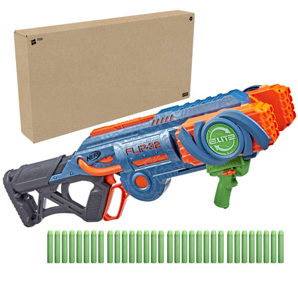 Lanzador NERF Elite 2.0 Flipshots Flip-32 con 32 cañones que giran para duplicar tu potencia de fuego, capacidad para 32 dardos, 32 dardos Elite