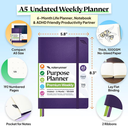 Roterunner Purpose Planner Notebook A5 5.8”x8.3” Undated 2025 Daily Weekly and Monthly Productivity Goal Setting Tool for Work Home ADHD Planner for Adults Self Care Journal (Purple Hardcover)