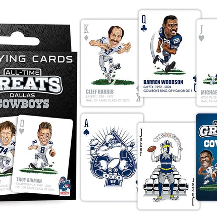 MasterPieces Family Games - Naipes de los mejores jugadores de la historia de los Dallas Cowboys - Baraja de naipes con licencia oficial para adultos, niños y toda la familia