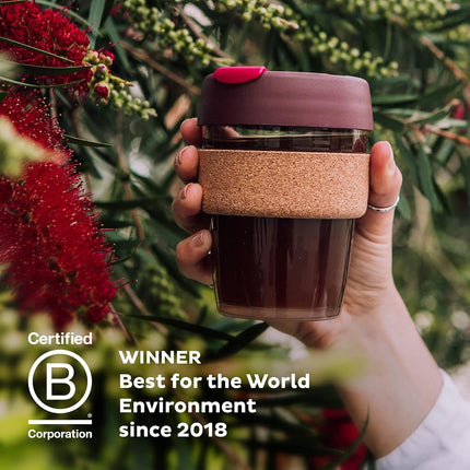 KeepCup Brew Cork, Reusable Tempered Glass Coffee Cup with Recovered Cork Band and Splashproof Lid, Barista Standard, BPA Free, Dishwasher Safe, 340ml 12oz Press