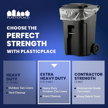 Plasticplace 95 Gallon Trash Bags, 2.0 Mil, 61"W x 68"H, Clear, 25/Case