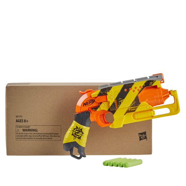 NERF Zombie Strike Hammershot Blaster, Pull-Back Hammer-Blasting Action, 5 Official Zombie Strike Darts, Stripes Color Scheme