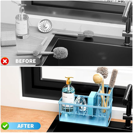 Cisily Blue Kitchen Sink Caddy Organzier with High Brush Holder, Sponge Holder for Sink, 304 Rustproof Stainless, Kitchen Countertop Soap Dispenser Organizer, Home Decor and Accessories