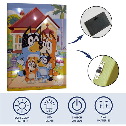 Idea Nuova Bluey LED Wall Art for Kids,11.5 x 15.75 Inch Light-Up Canvas Décor with Hanging Hooks, Battery Operated Night Light for Toddlers & Children’s Bedrooms or Playrooms