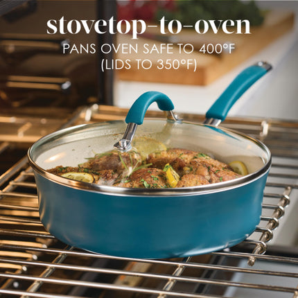 Rachael Ray Cucina Ceramic Nonstick Saute Pan with Lid, 3 Quart Non Stick Sauteuse Pan, Dishwasher Safe - Marine Blue