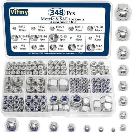 Vifmy SAE & Metric Nylon Insert Lock Nuts Kit(348P