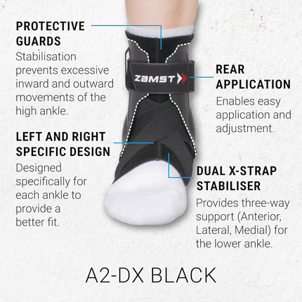 Zamst A2-DX Black Ankle Brace for Sports - Breathable Sports Ankle Support for Men and Women with Guard Stabilisers for High-Grade Ankle Sprain - Right, X-Large