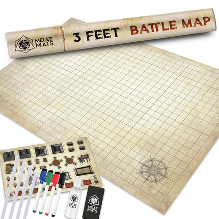 Kit de inicio de mapa DND Melee Mats para el juego Dungeons & Dragons - 24" x 36", cuadrícula de terreno de batalla borrable en seco/húmedo - La mejor experiencia de juego de mesa con accesorios