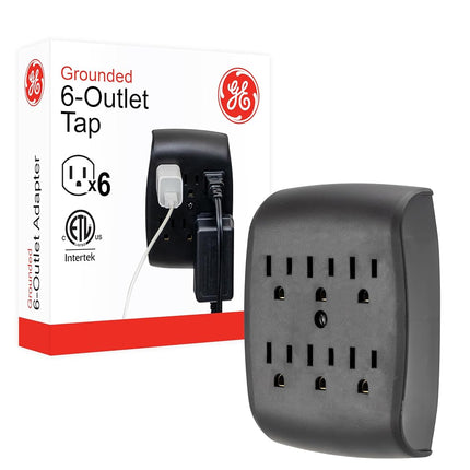 GE 6-Outlet Extender Wall Tap, Grounded Adapter, Charging Station, 3-Prong, Secure Install, ETL Listed, Black, 54840