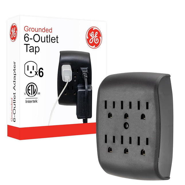 GE 6-Outlet Extender Wall Tap, Grounded Adapter, Charging Station, 3-Prong, Secure Install, ETL Listed, Black, 54840