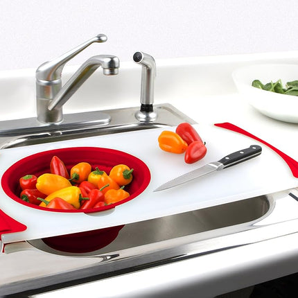 Dexas Over the Sink Poly Cutting Board with Collapsible Colander Strainer, 11.5 x 20,Natural/Red