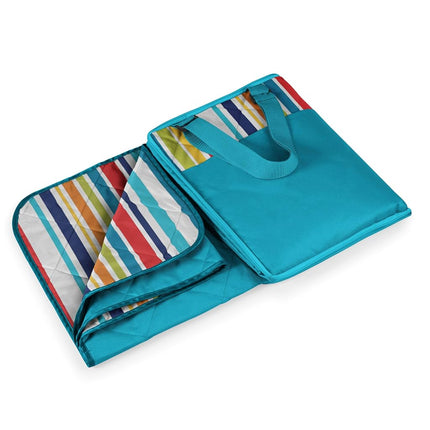 PICNIC TIME ONIVA - a brand - Vista Outdoor Picnic Blanket & Tote - Beach Blanket - Camping Blanket, (Fun Stripe Pattern with Aqua Blue Exterior)