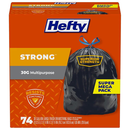 Hefty Strong Large 30 Gallon Trash Bags - Multipurpose - Drawstring - 74 Count