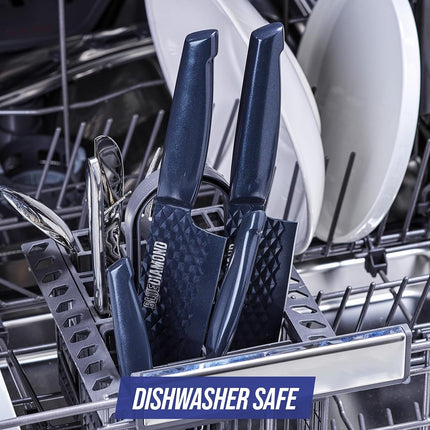 Blue Diamond Sharp Stone Non-Stick Stainless Steel Cutlery, 3 Piece Knife Set, 20cm Chef, 13cm Serrated, 9cm Pairing, Anti-Rust, Easy Release Diamond Texture Blade, Japanese Knife, Blue