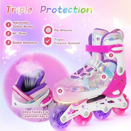 Kids Inline Skates for Girls Boys - Rose Red Blades Roller for Kids Age 4 5 6 7- Adjustable Indoor Outdoor Sports
