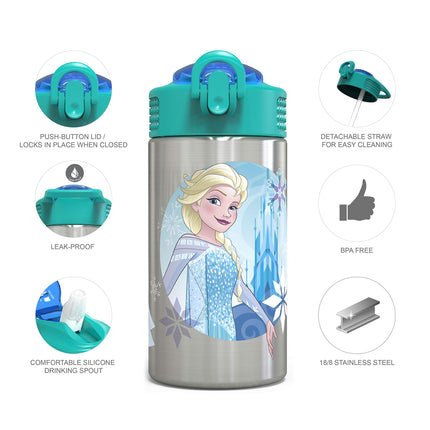Zak Designs Frozen 15.5oz Stainless Steel Kids Water Bottle with Flip-up Straw Spout - BPA Free Durable Design, Frozen Girl SS