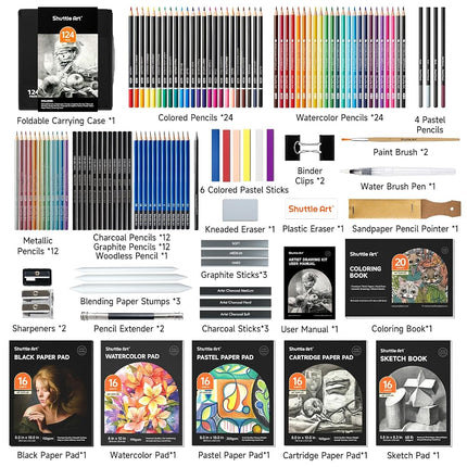 Shuttle Art Sketching and Drawing Pencils Set, 124 Pack Sketch Art Pencil Set with 4 Drawing Pads, Graphite Pencils in Zipper Case, Colouring Pencils for Artist Sketching, Art Set for Adults, Beginner