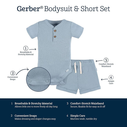 Gerber Unisex Baby Bodysuit and Shorts Set, Blue, 0-3 Months