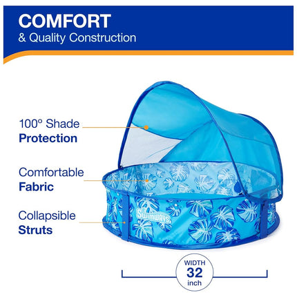SwimWays Elite Pop-Up Above Ground Pool, Baby Pool with Canopy & Carrying Case, Foldable Pool for Kids Aged 9-24 Months, Measures 32", Blue