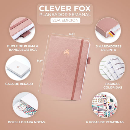 Clever Fox Planner 2 Edición en Español - Colorida Agenda de Objetivos Semanales y Mensuales, Organizadora de Tiempo, Sin Fecha A5 (Oro rosa)