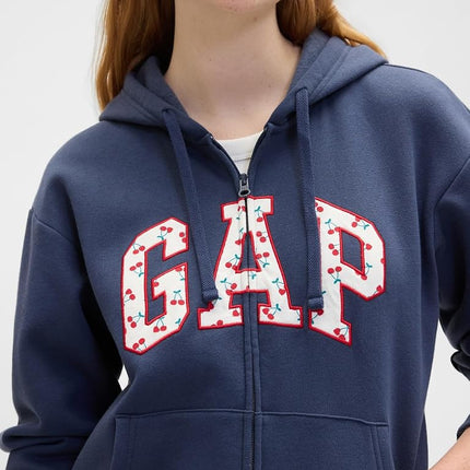 GAP womens Logo Hoodie Hooded Full Zip Sweatshirt, Navy Cherries, XL
