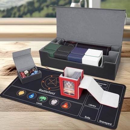 AFIING Mtg Deck Box Holds 5 Display Card Deck Boxes with Mtg Playmat & Dice Box,10 Dividers,1Card supporter, Trading Card Storage Box for Magic Yugioh Sports Cards (Black &Grey)