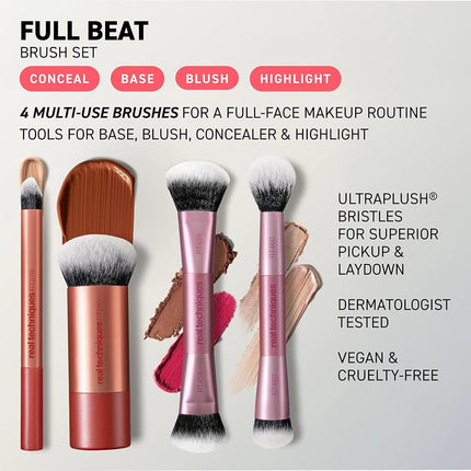 Real Techniques Full Beat Makeup Brush Set, 4 Piece Brush Kit for Foundation, Concealer, Blush, Contour, Highlight & Powder Blending, Travel Set, Soft UltraPlush Bristles, Cruelty-Free