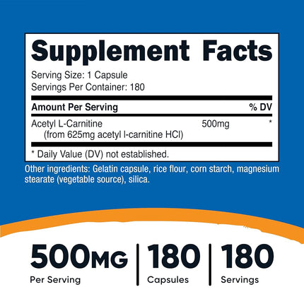 Nutricost Acetyl L-Carnitine 500mg, 180 Capsules - Non-GMO and Gluten Free