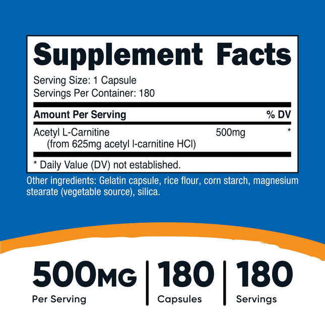 Nutricost Acetyl L-Carnitine 500mg, 180 Capsules - Non-GMO and Gluten Free