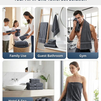 Luxury Bath Towels Set - 12 Piece Set, 100% Cotton Bathroom Towels, Zero Twist, Shower Towels, Absorbent Bath Towel, Super Soft, 4 Bath Towels, 4 Hand Towels, 4 Wash Cloths - Cool Grey