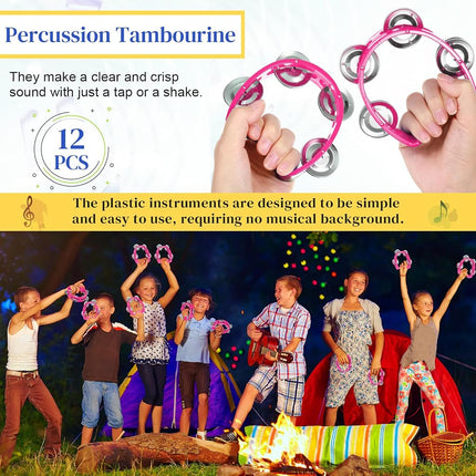 Lukmaa 12 Pcs Plastic Percussion Tambourine with 4 Bells Rhythm Musical Instruments for Adults Hand Tambourine Hand Held Percussion Drum for Party Kindergarten Family School Supplies (Pink)