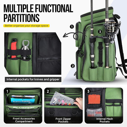 PLUSINNO Fishing Backpack with Rod Holders, 42L Large Water-Resistant Tackle Bag for Fishing, Camping, Hiking, Gifts for Men, Green
