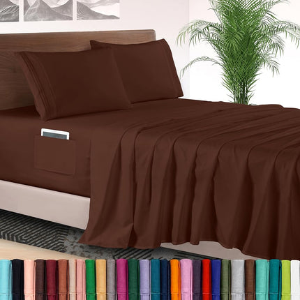Elegant Comfort 4-Piece Bed Sheet Set - Luxury Bedding 1500 Premium Hotel Quality Microfiber, All Around Elastic 18-24 Inches Deep Fitted Sheet- Extra Deep Pocket Sheets, King, Brown