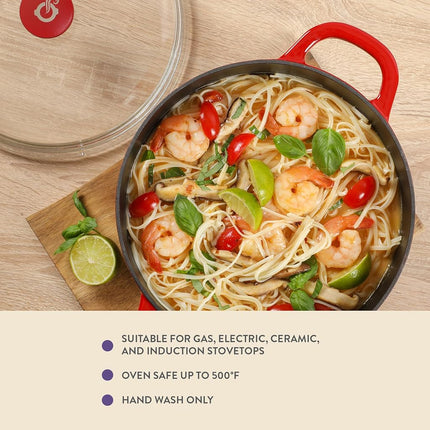 Olla de horno holandesa redonda de hierro fundido esmaltado Crock Pot Artisan de 7 cuartos con tapa de vidrio de borosilicato apta para horno, utensilios de cocina de alta resistencia para hornear, asar y cocinar a fuego lento, rojo