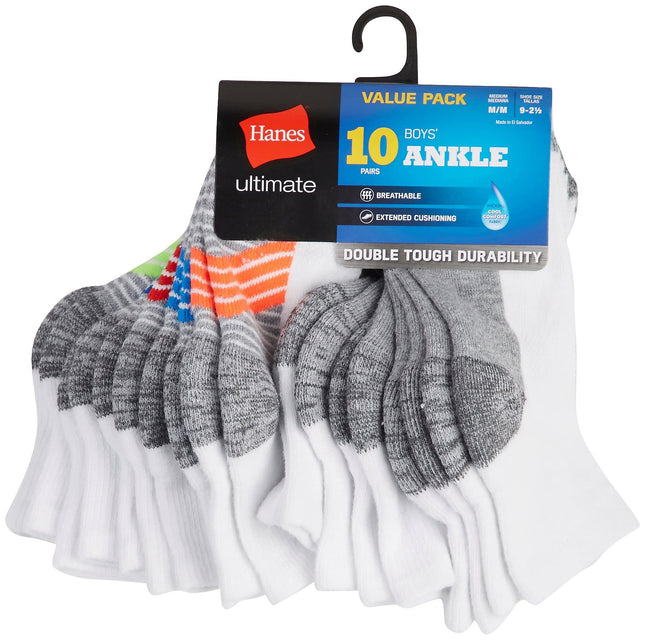 Hanes Ultimate Boys Ankle, 10-Pack White Medium