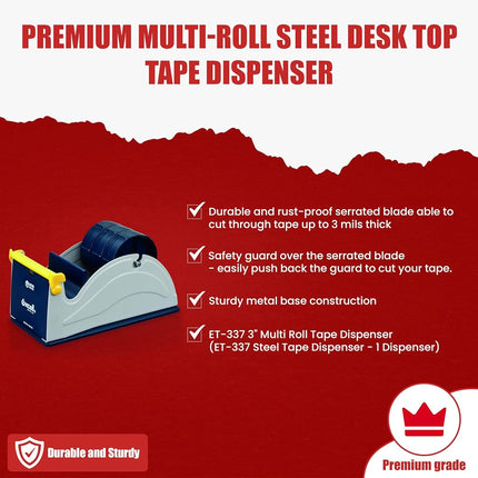GGR Supplies T.R.U. ET-337 Blue/Grey Premium Multi-Roll Steel Desk Top Tape Dispenser: 3 in. Wide (3 in. Core)