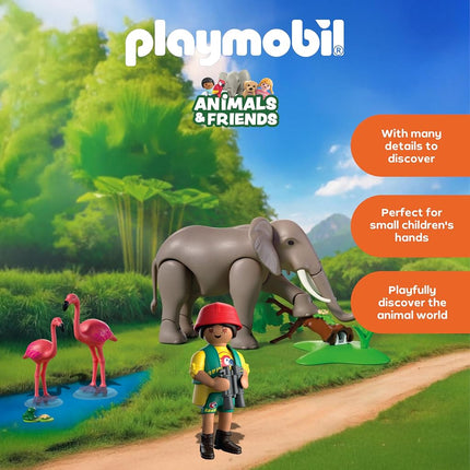 Playmobil | Animal and Friends | Elephant with Animal Keeper | Zoo Toy Set with 4 Animals and Enclosure Accessories, For children aged 4 and up, 72068