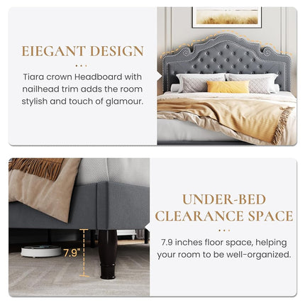 SHA CERLIN Full Size Bed Frame with Adjustable Headboard/Velvet Upholstered/Diamond Button Tufted and Metal Studs/No Box Spring Needed/Wooden Slat Support/Easy Assembly/Light Grey