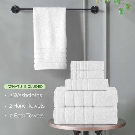 Juego de toallas de lujo Elegant Comfort de 6 piezas con rayas de viscosa de 4 líneas - Toallas de baño de lujo 100% algodón turco de alta absorción – Incluye 2 toallitas, 2 toallas de mano y 2 toallas de baño, blanco
