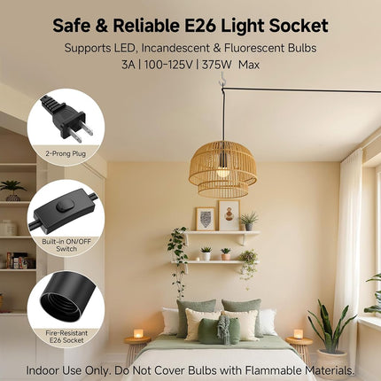 Cable Matters 2-Pack Hanging Light Cord with Switch 8 Ft (Pendant Light Cord, Light Socket with Cord) in Black